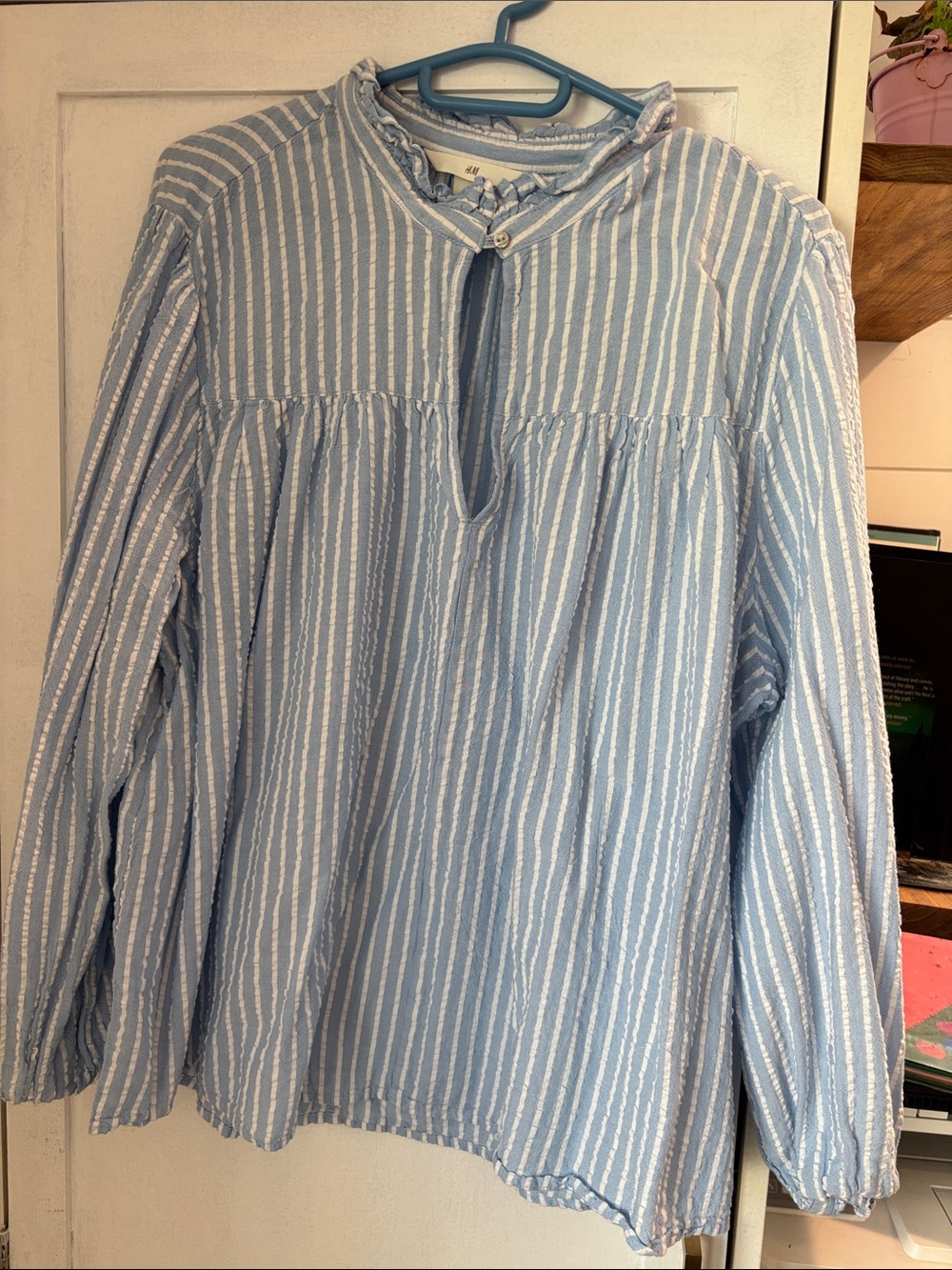 H&M Light Blue and White Striped Peasant Blouse